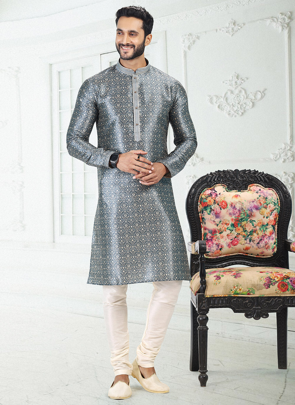 Banarasi Silk Digital Print Kurta Pyjama in Grey