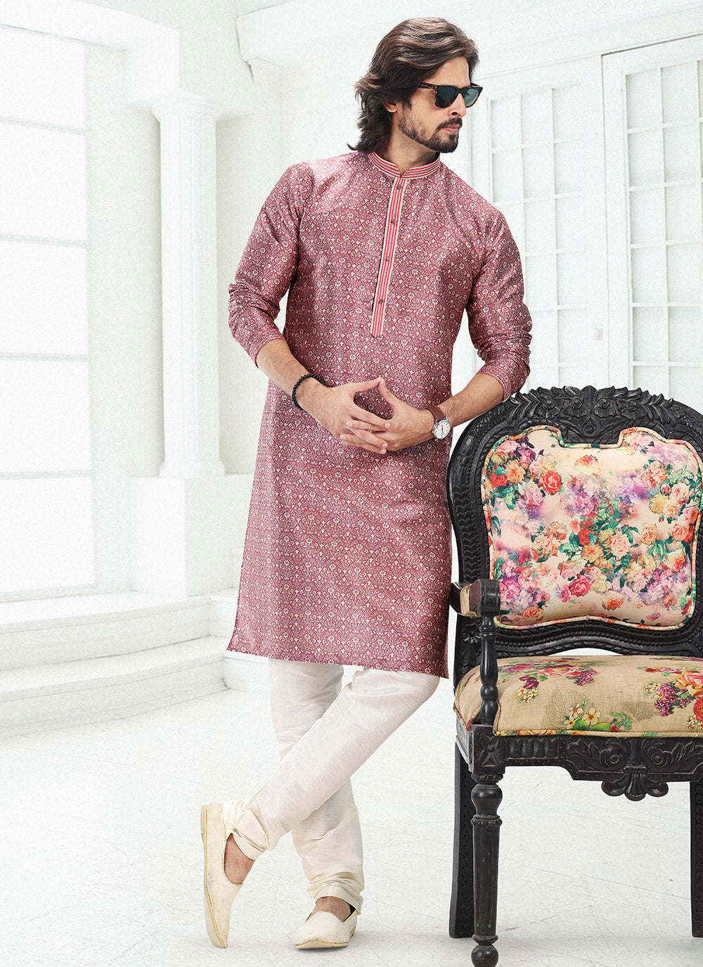 Banarasi Silk Mauve  Digital Print Kurta Pyjama