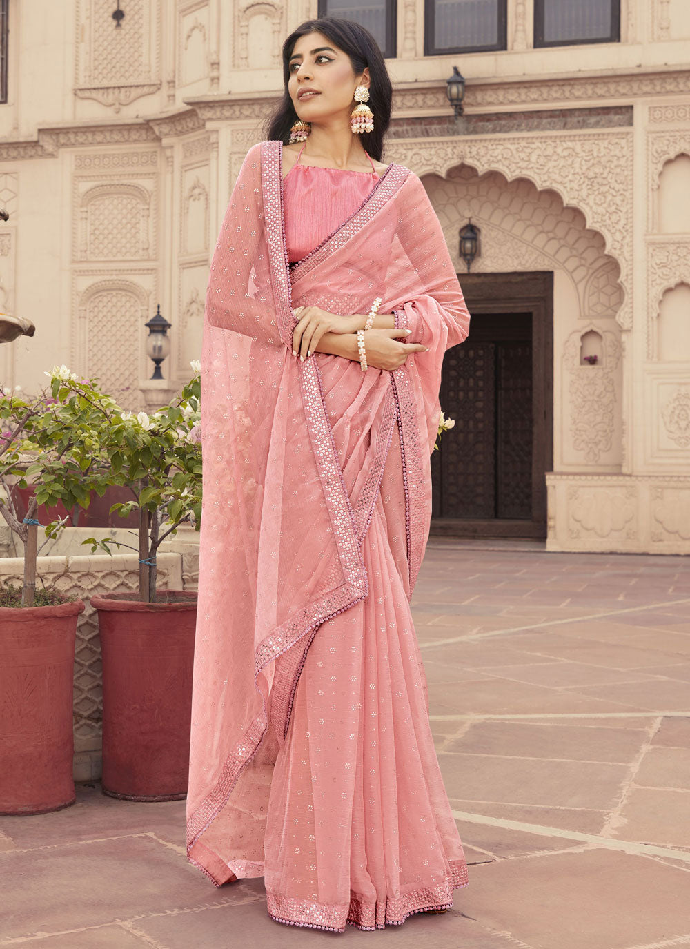 Chiffon Trendy Saree For Festival In Pink Color