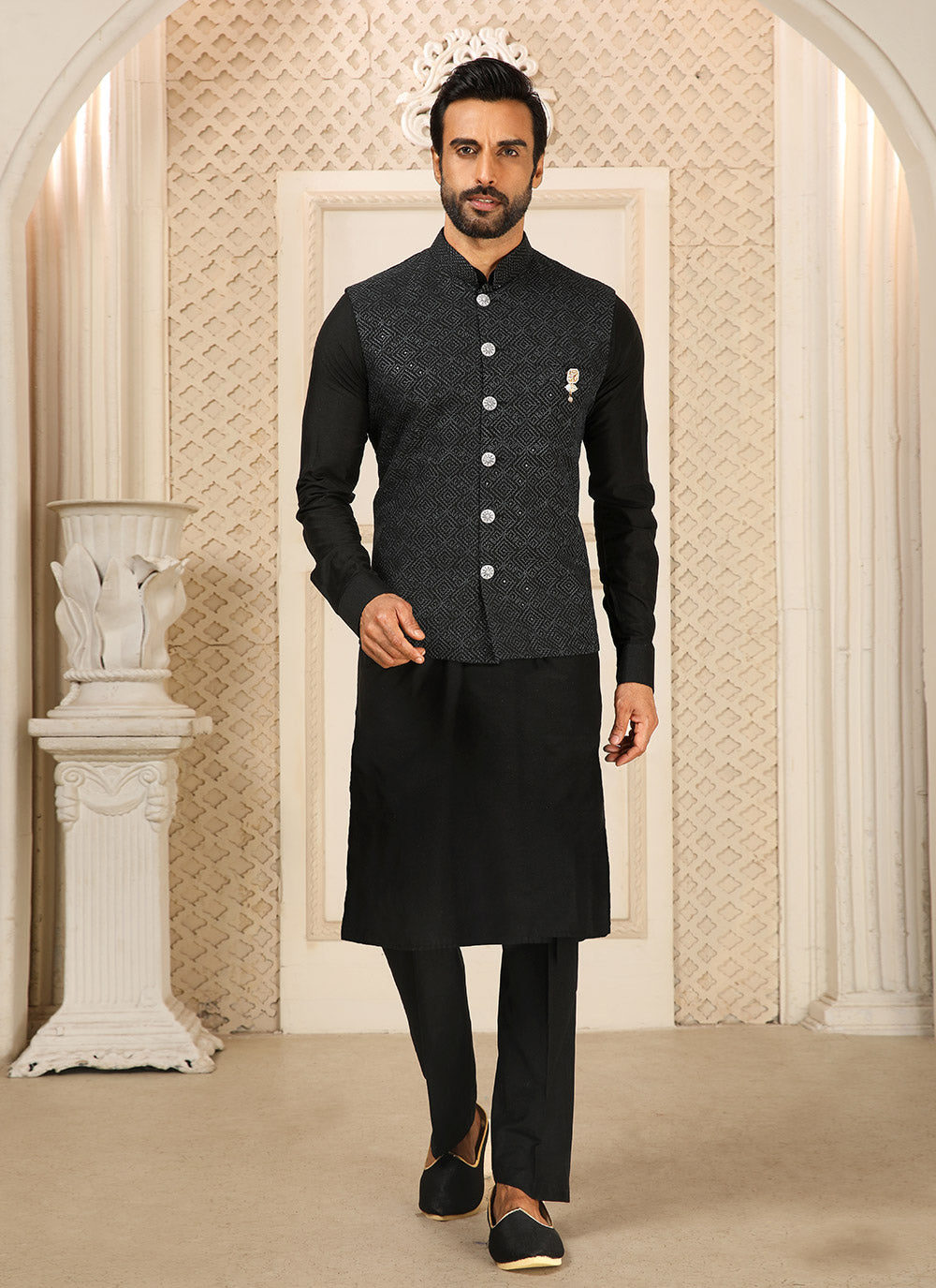 Art Banarasi Silk Kurta Pajama With Jacket In Black Color