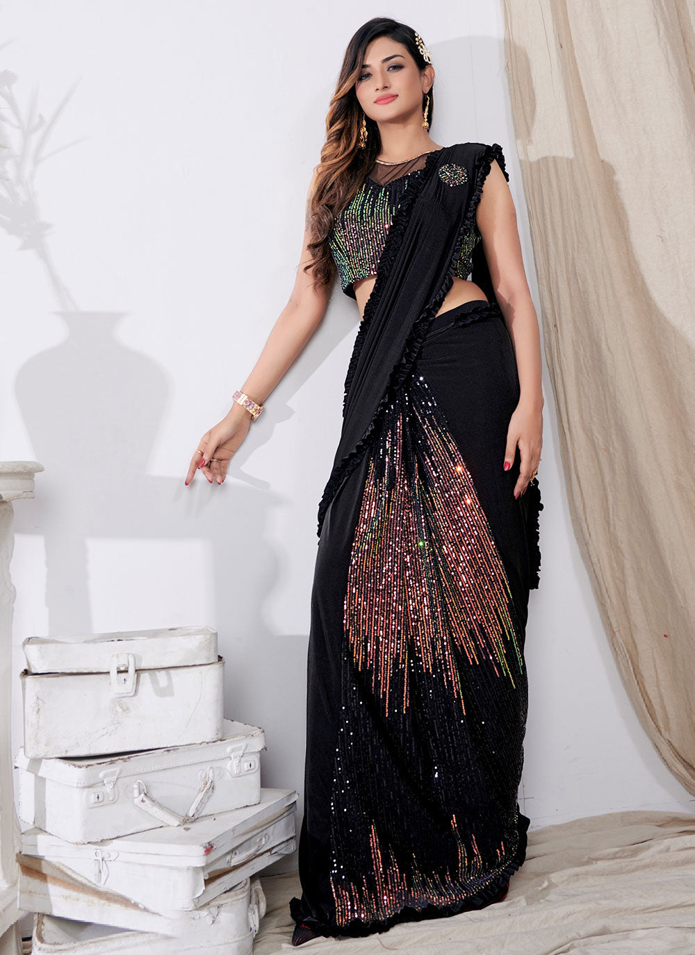 Black Broches Sequins Party Wear Saree