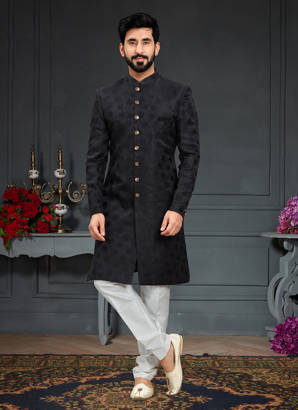 Jacquard Embroidered Indo Western In Black