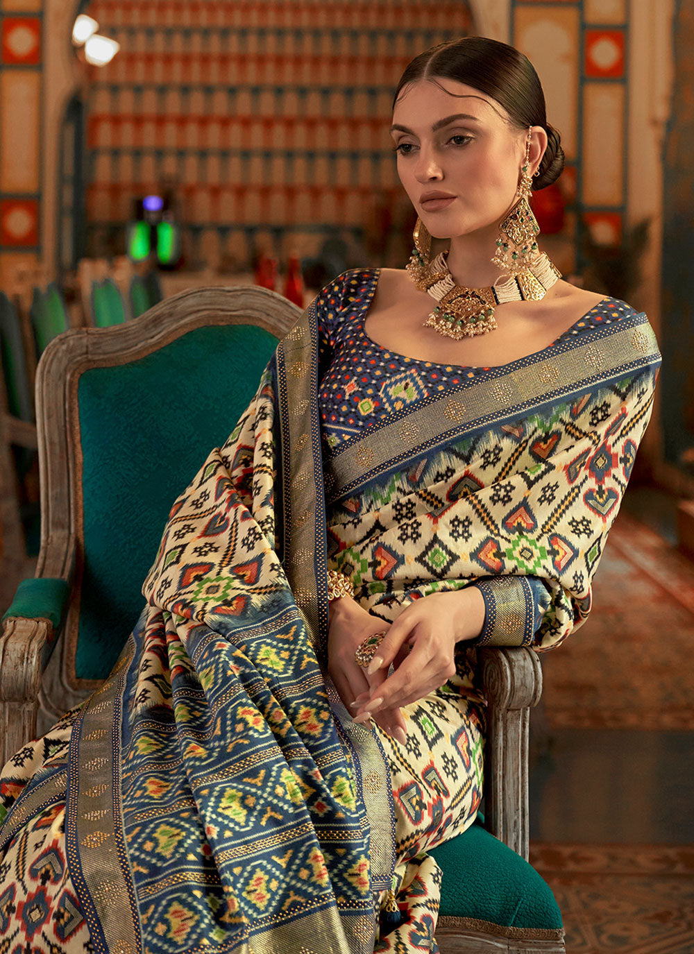 Designer Patola Silk Saree In Cream Color