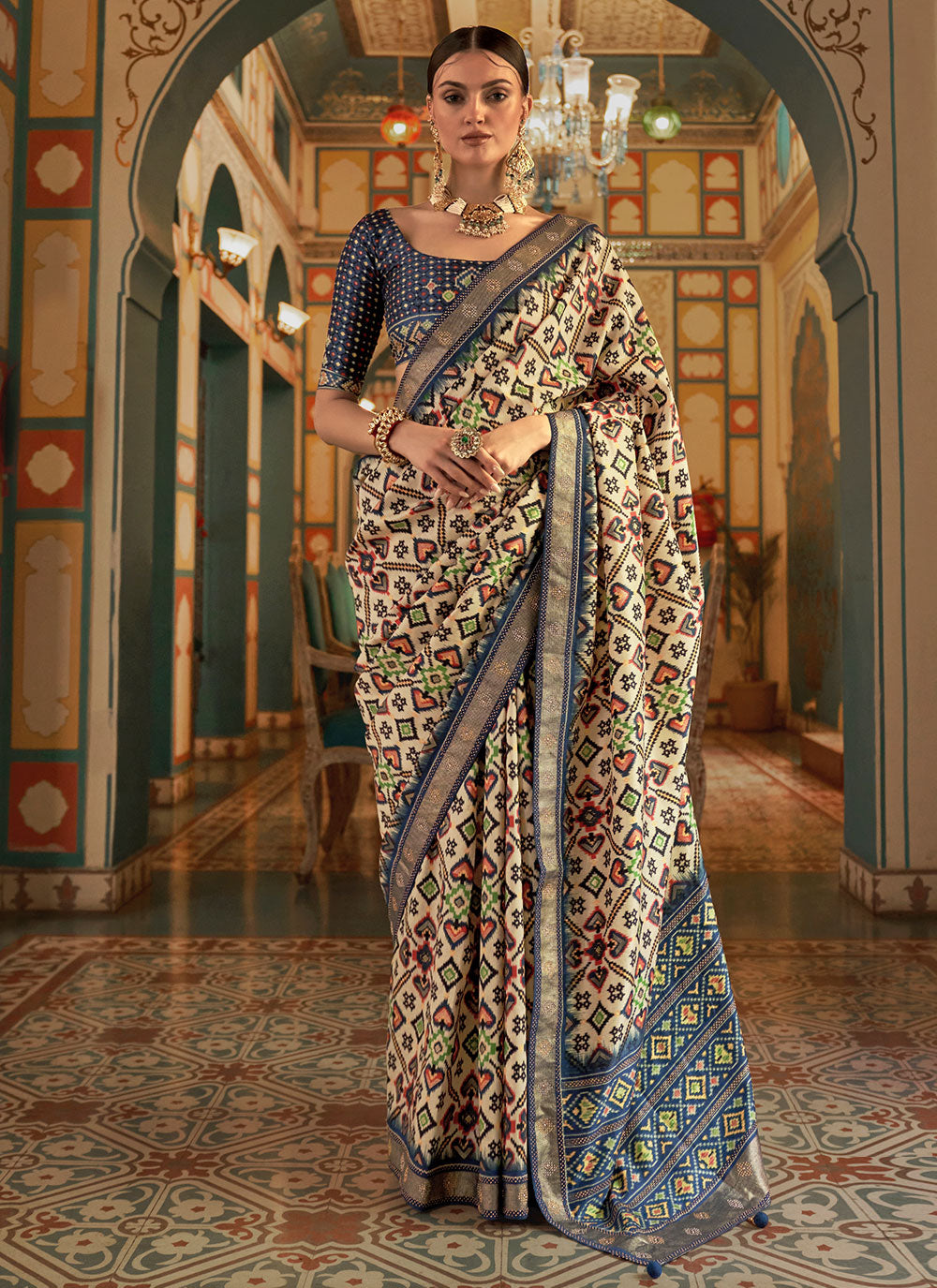 Designer Patola Silk Saree In Cream Color