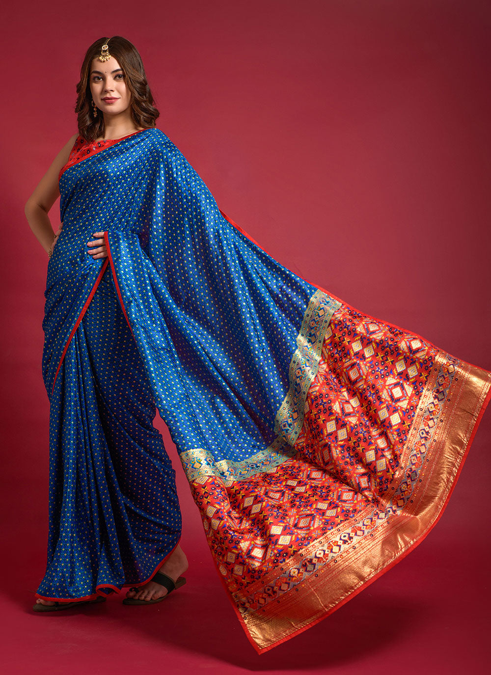 Foil Print Silk Saree In Blue Color