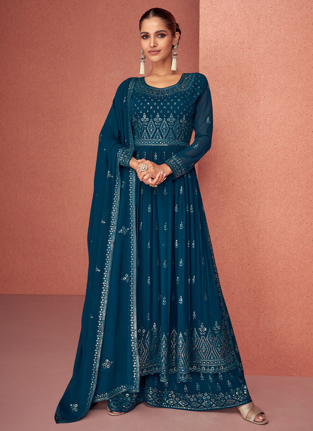 Embroidered Palazzo Salwar Kameez In Blue Color