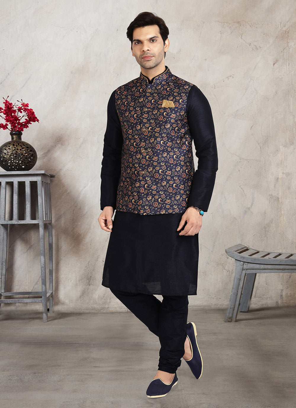 Blue Banarasi Silk Printed Kurta Pajama With Jacket