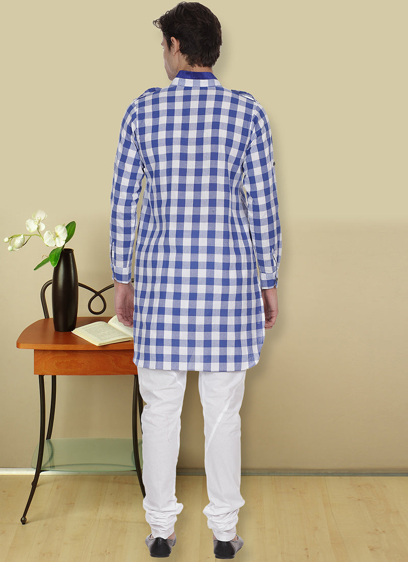 Patchwork Cotton Kurta Pajama In Blue