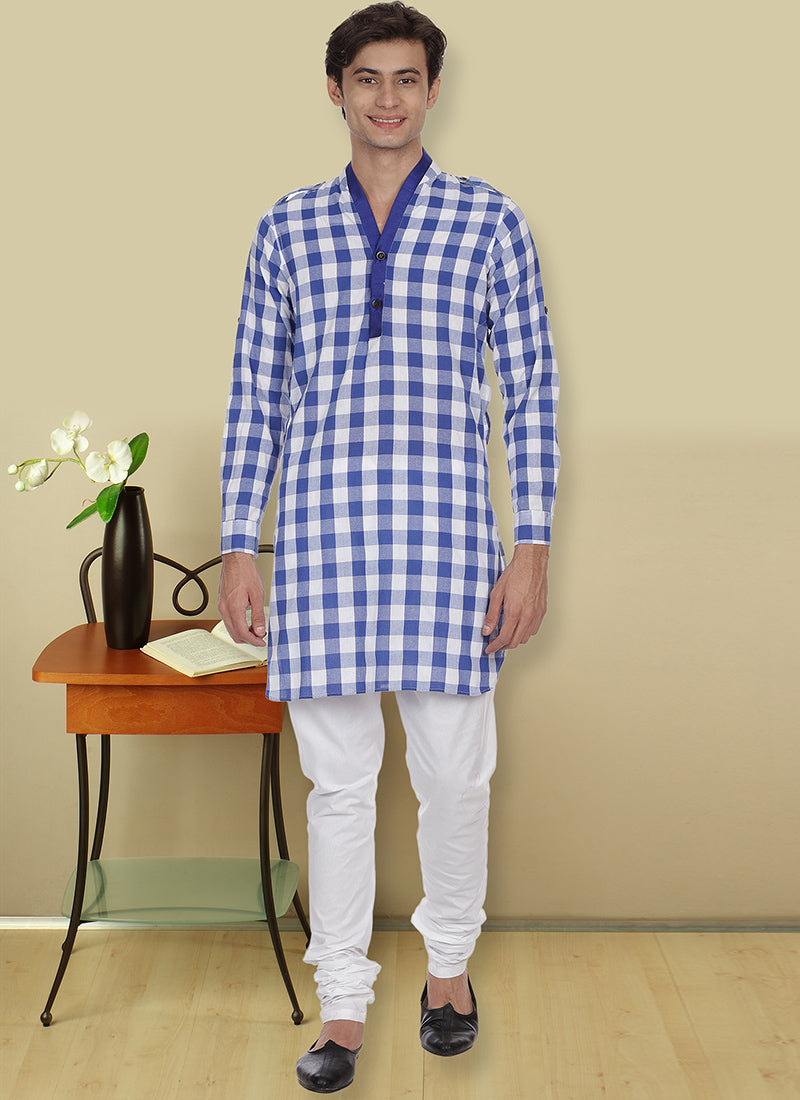 Patchwork Cotton Kurta Pajama In Blue