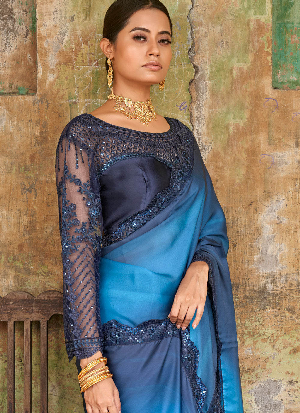 Traditional Embroidered Satin Saree In Blue Color