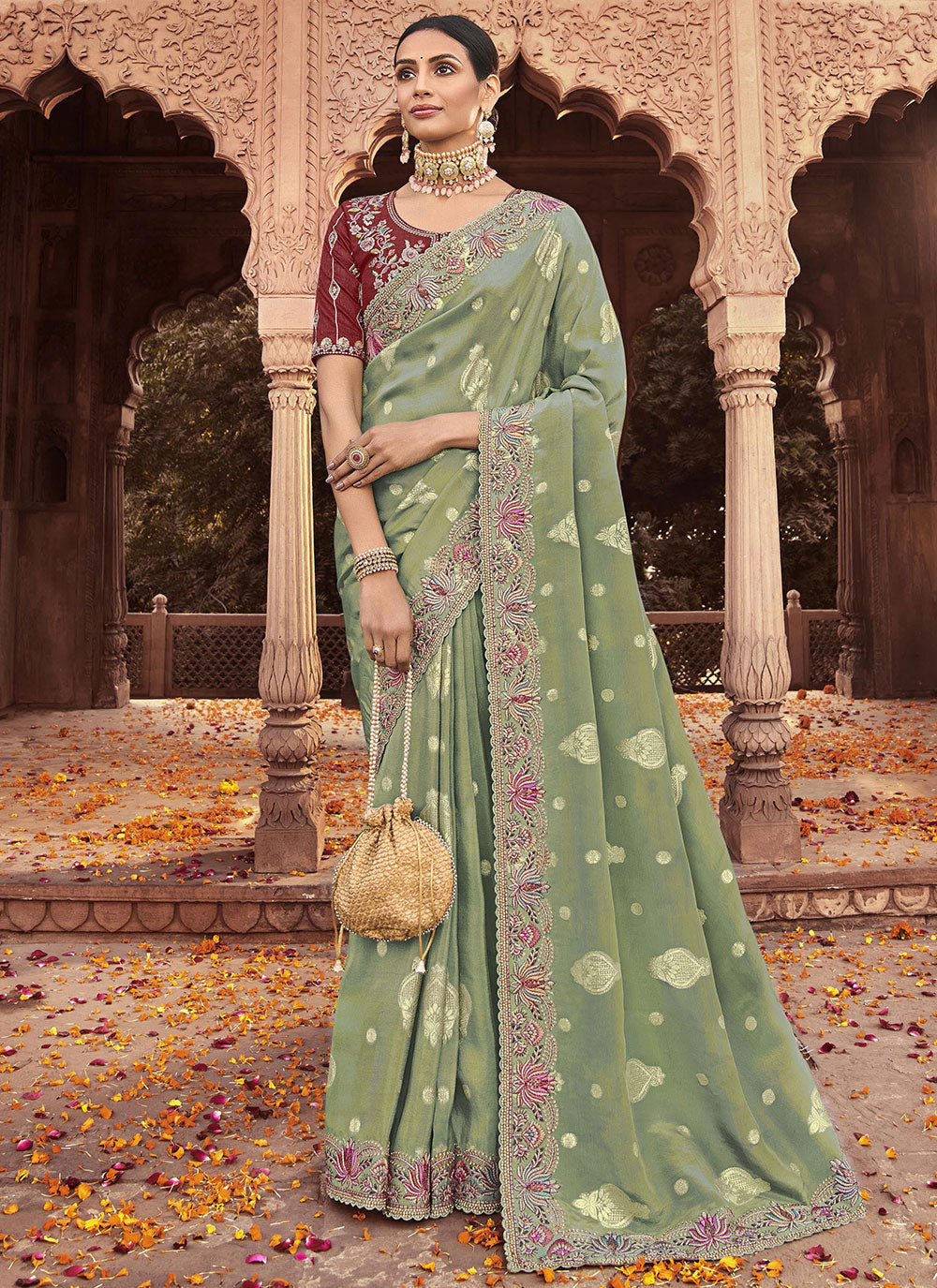 Viscose Designer Saree in Green Color