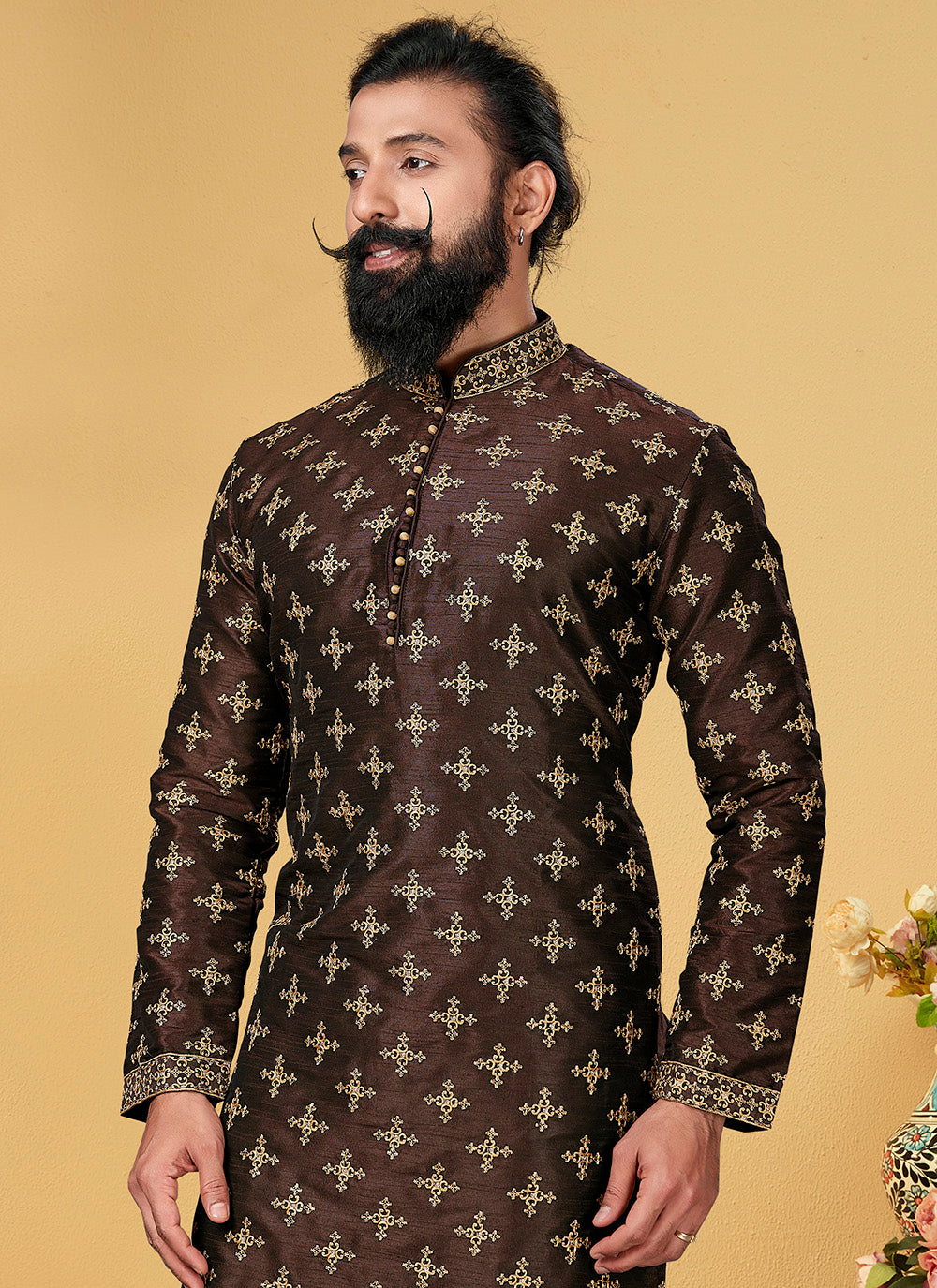Kurta Pyjama Embroidered Dupion Silk In Brown