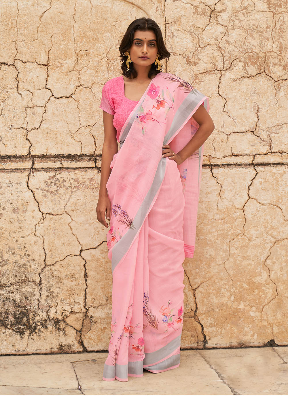 Pink Printed Cotton Saree For Festival