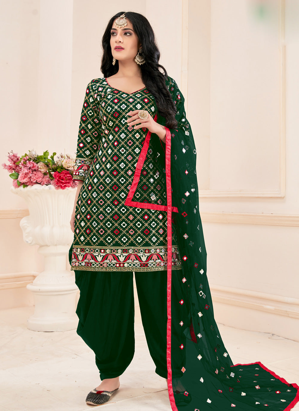Mirror Cotton Green Patiala Salwar Suit