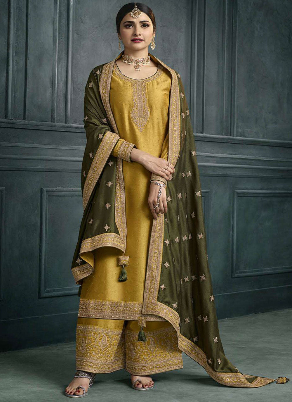 Embroidered Palazzo Salwar Suit In Green Color