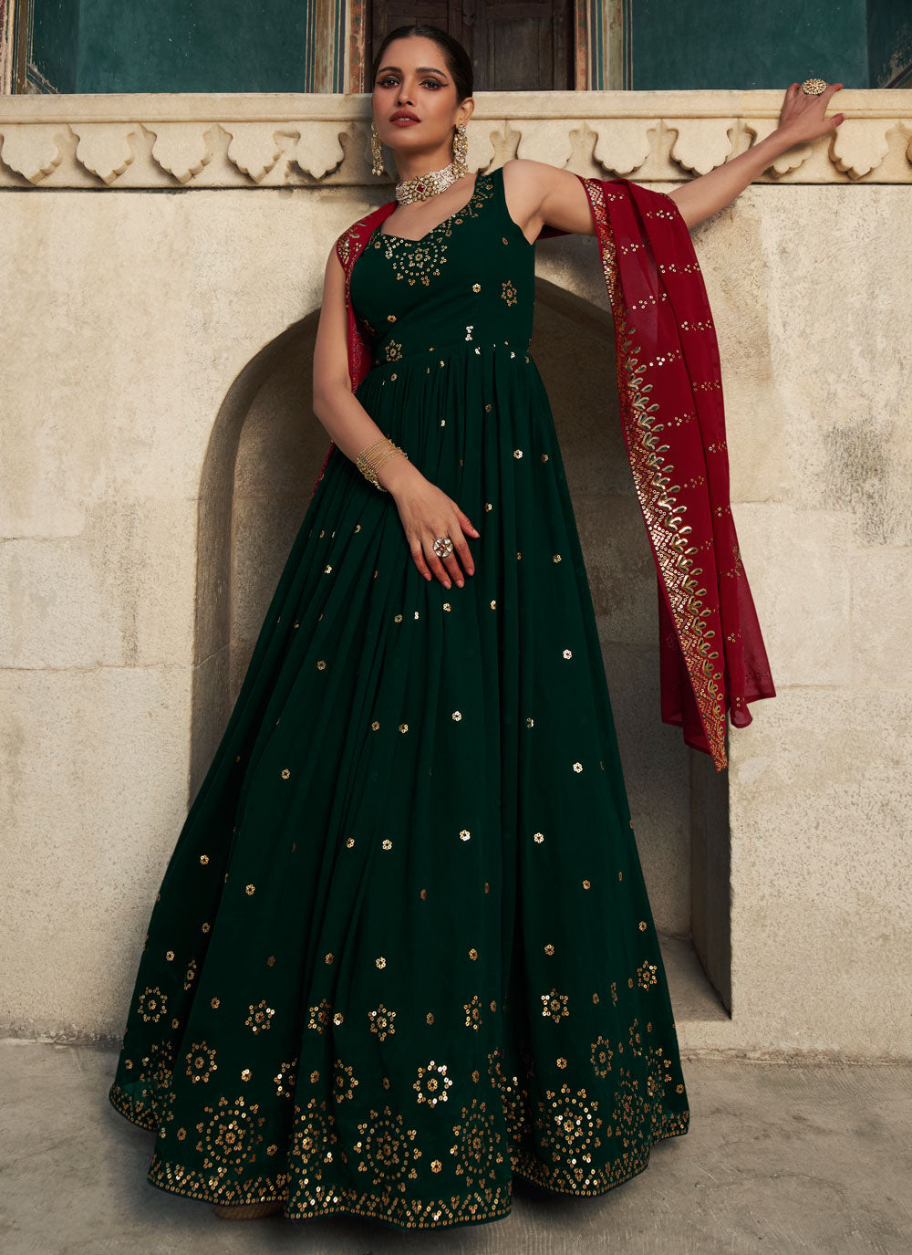 Georgette Sequins Trendy Gown In Green