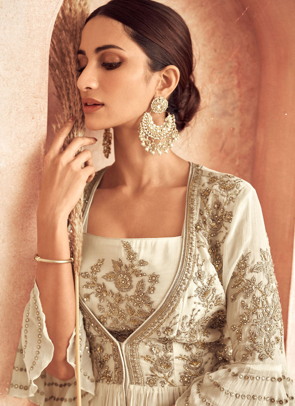 Off White Resham Designer Gown For Sangeet