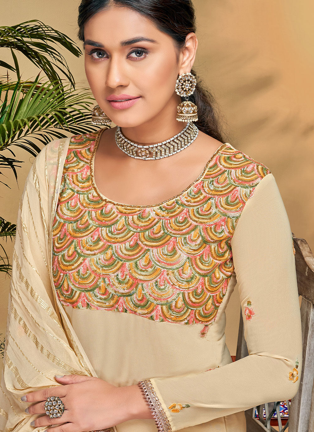Embroidered With Georgette Pant Style Salwar Suit In Beige Color