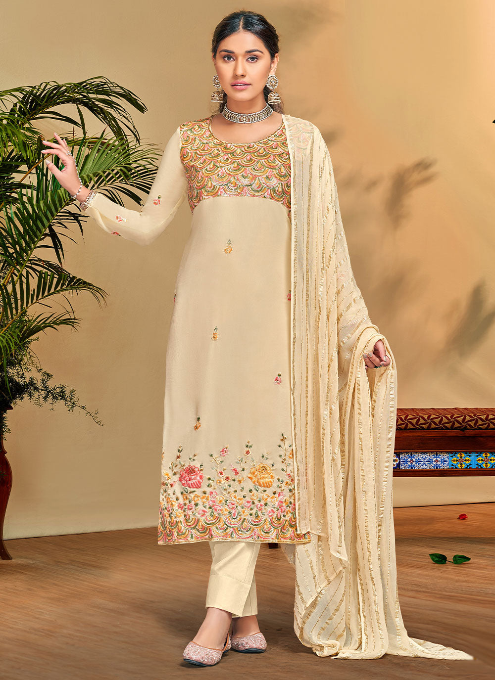 Embroidered With Georgette Pant Style Salwar Suit In Beige Color