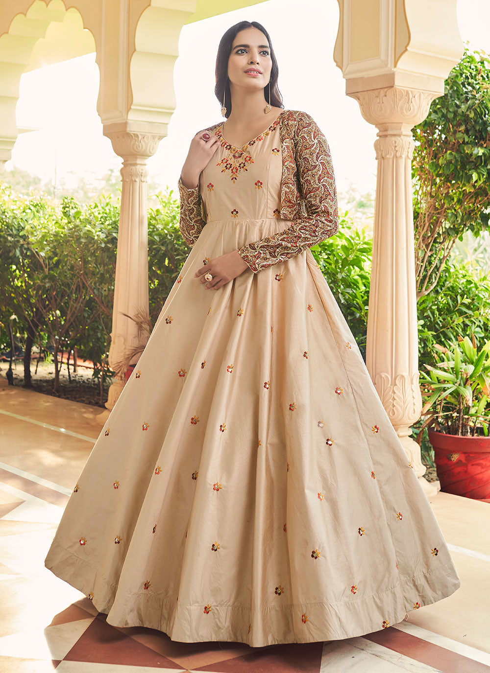 Embroidered Cotton Gown In Beige Color
