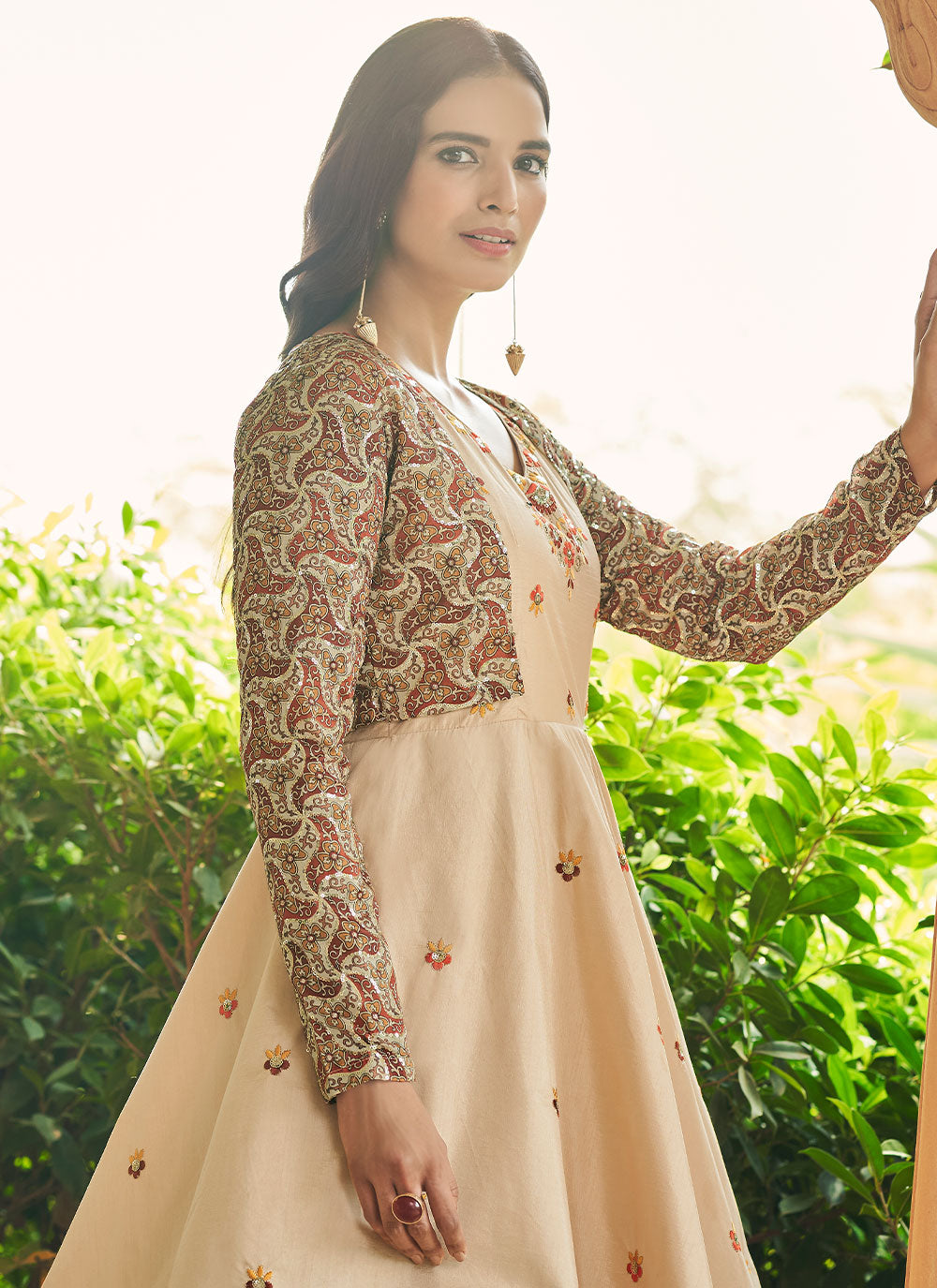 Embroidered Cotton Gown In Beige Color