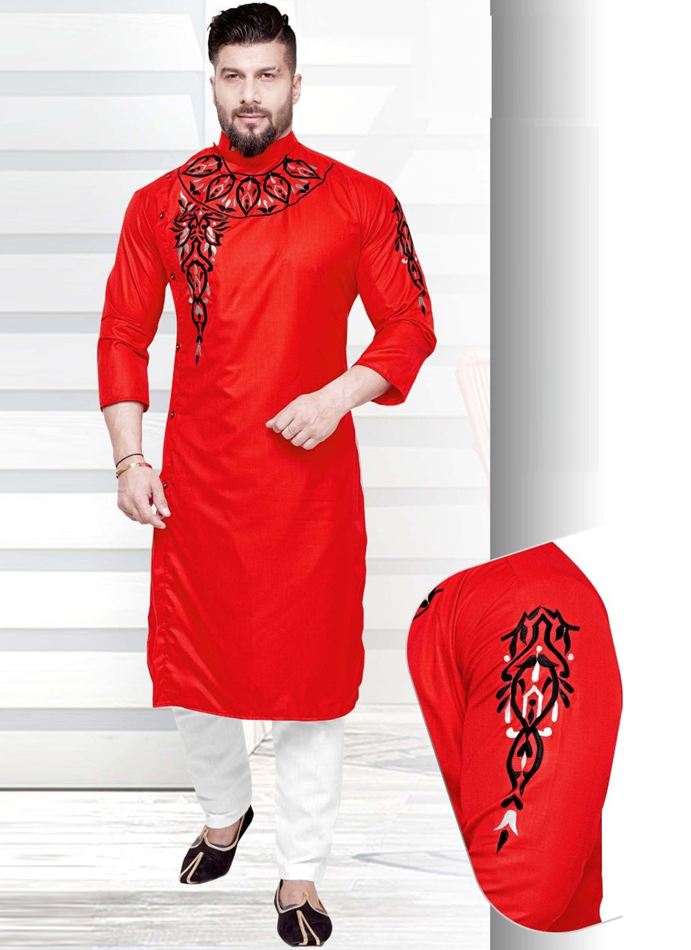 Resham Red Cotton Kurta Pyjama