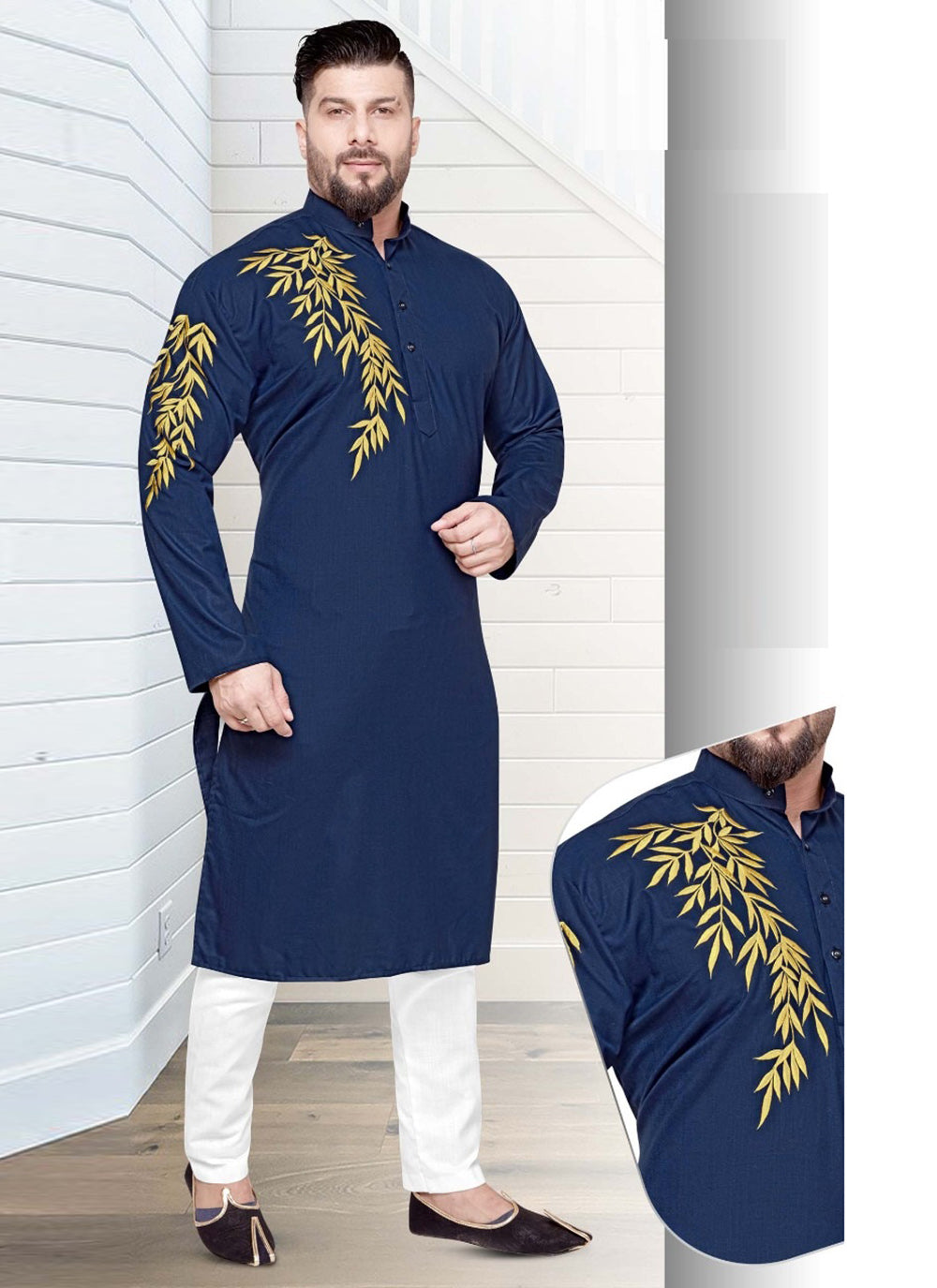 Cotton Resham Kurta Pyjama in Navy Blue