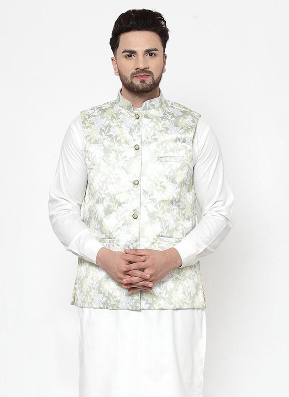 Cotton Satin Off White Printed Nehru Jackets