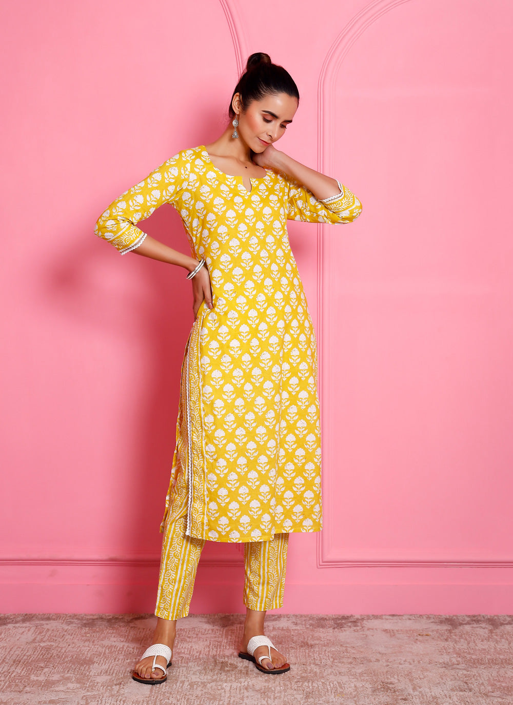 Yellow Printed Pant Style Suit