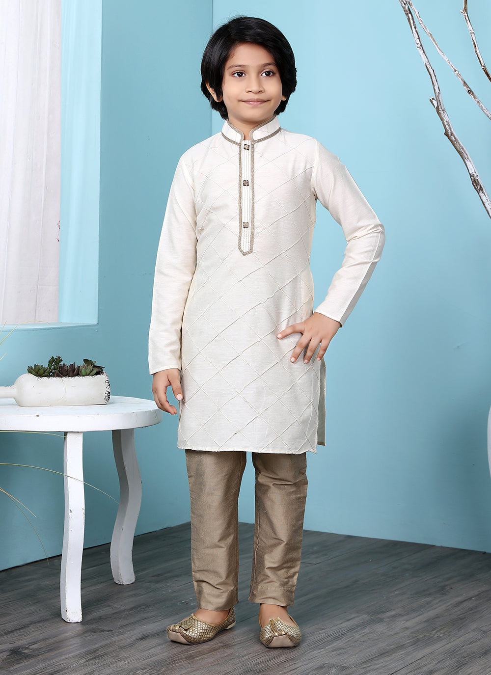 White Cotton Silk Kurta Pajama For Boys