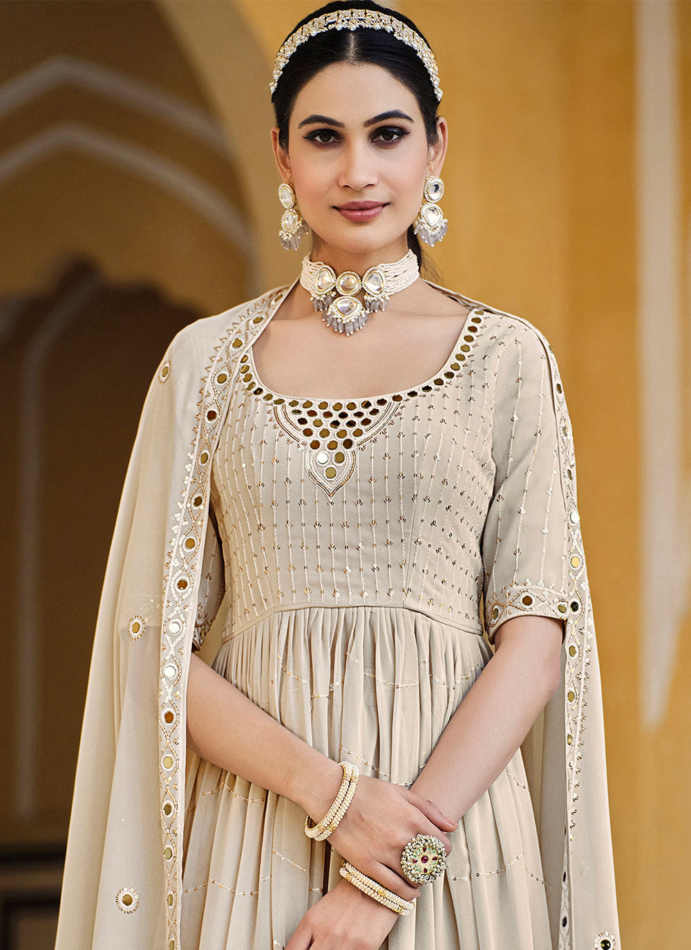 Readymade Cream Salwar Suit For Engagement