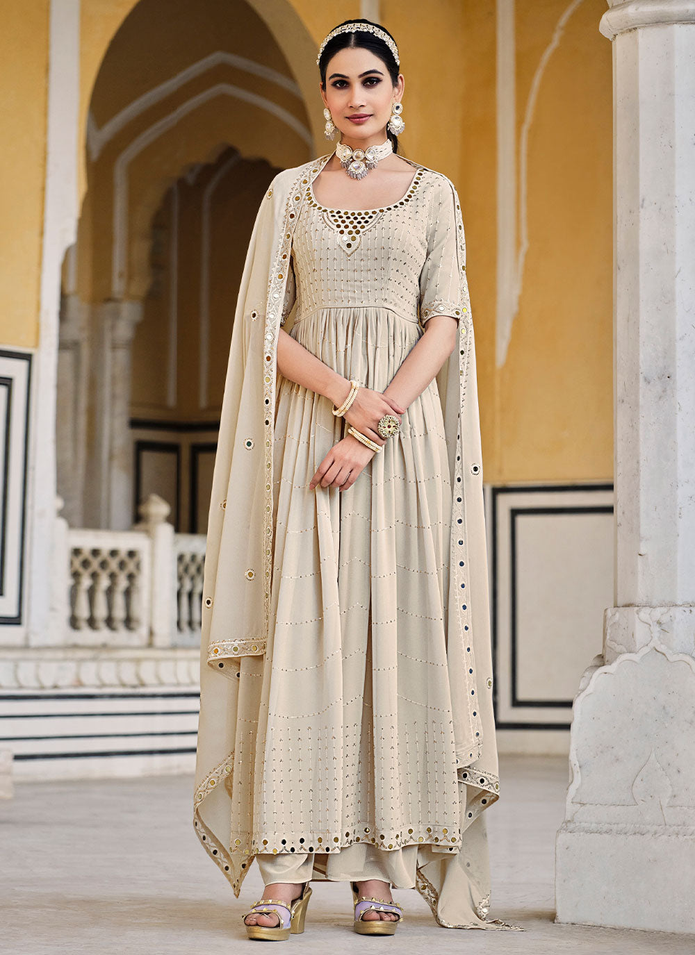 Readymade Cream Salwar Suit For Engagement