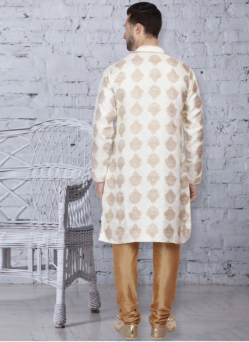 Cream Printed Dupion Silk Kurta Pyjama