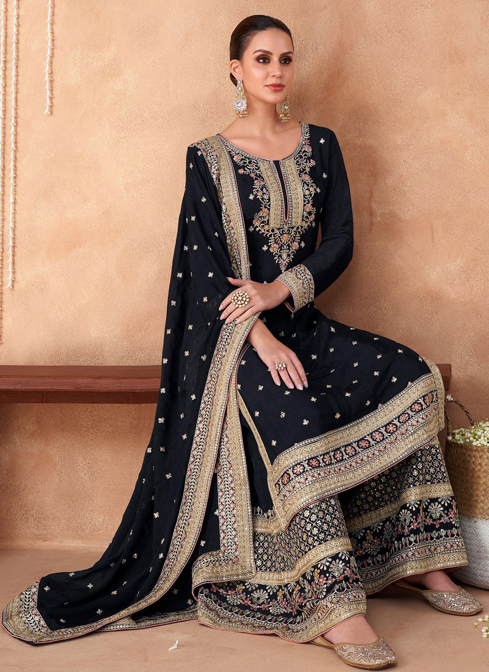 Navy Blue Chinon Salwar Suit For Ceremonial
