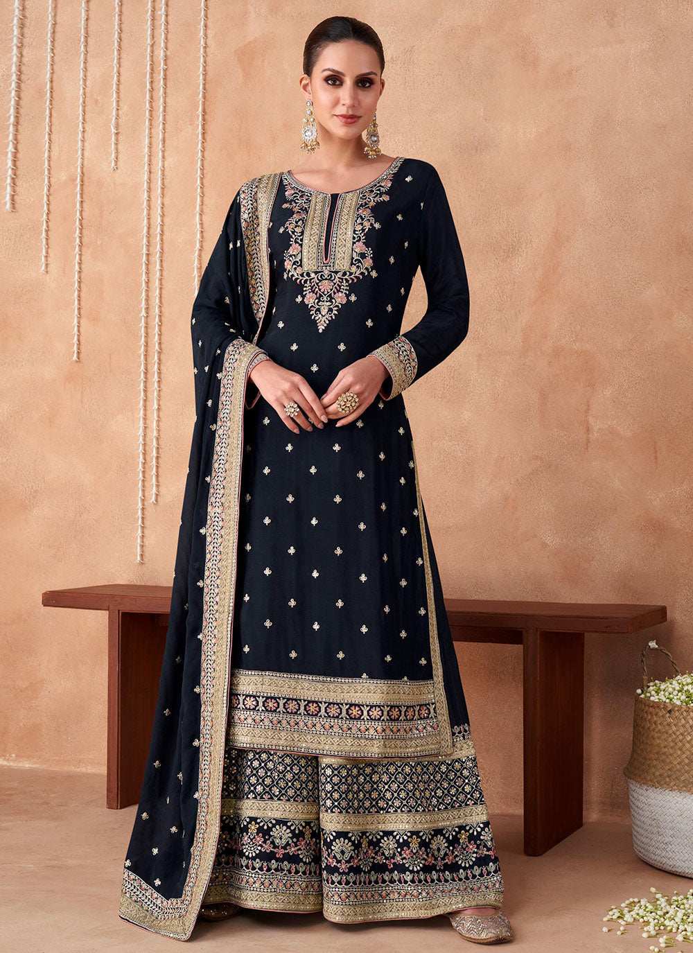 Navy Blue Chinon Salwar Suit For Ceremonial