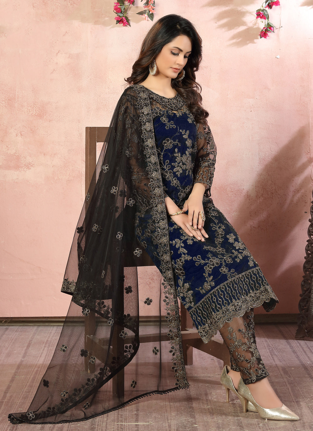 Embroidered Pant Style Suit In Black And Blue