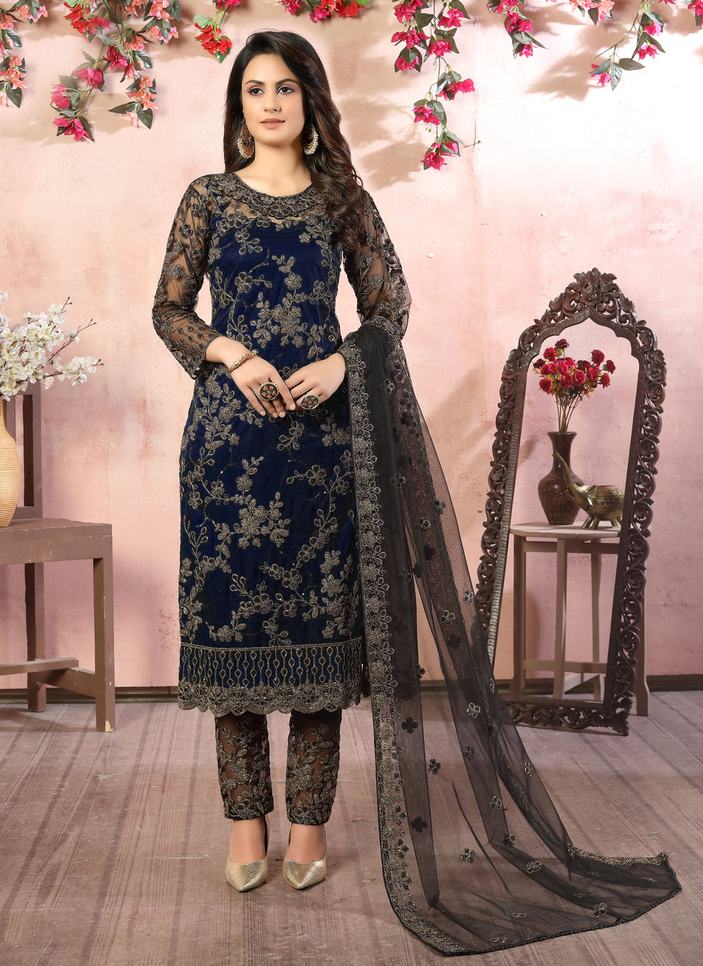 Embroidered Pant Style Suit In Black And Blue