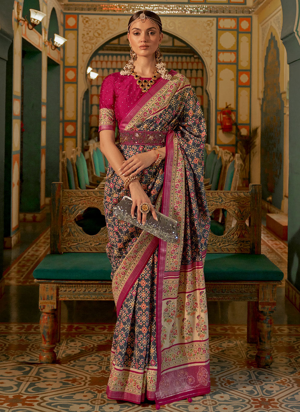 Party Wear Patola Silk Classic Saree In Blue Color