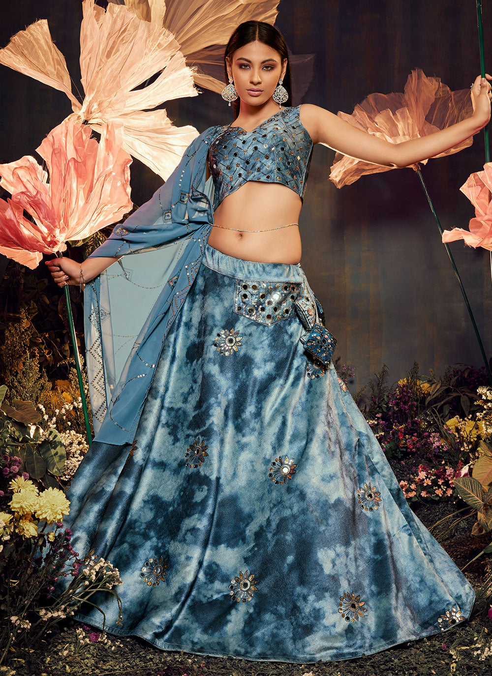 Sequins Velvet Designer Lehenga Choli In Aqua Blue