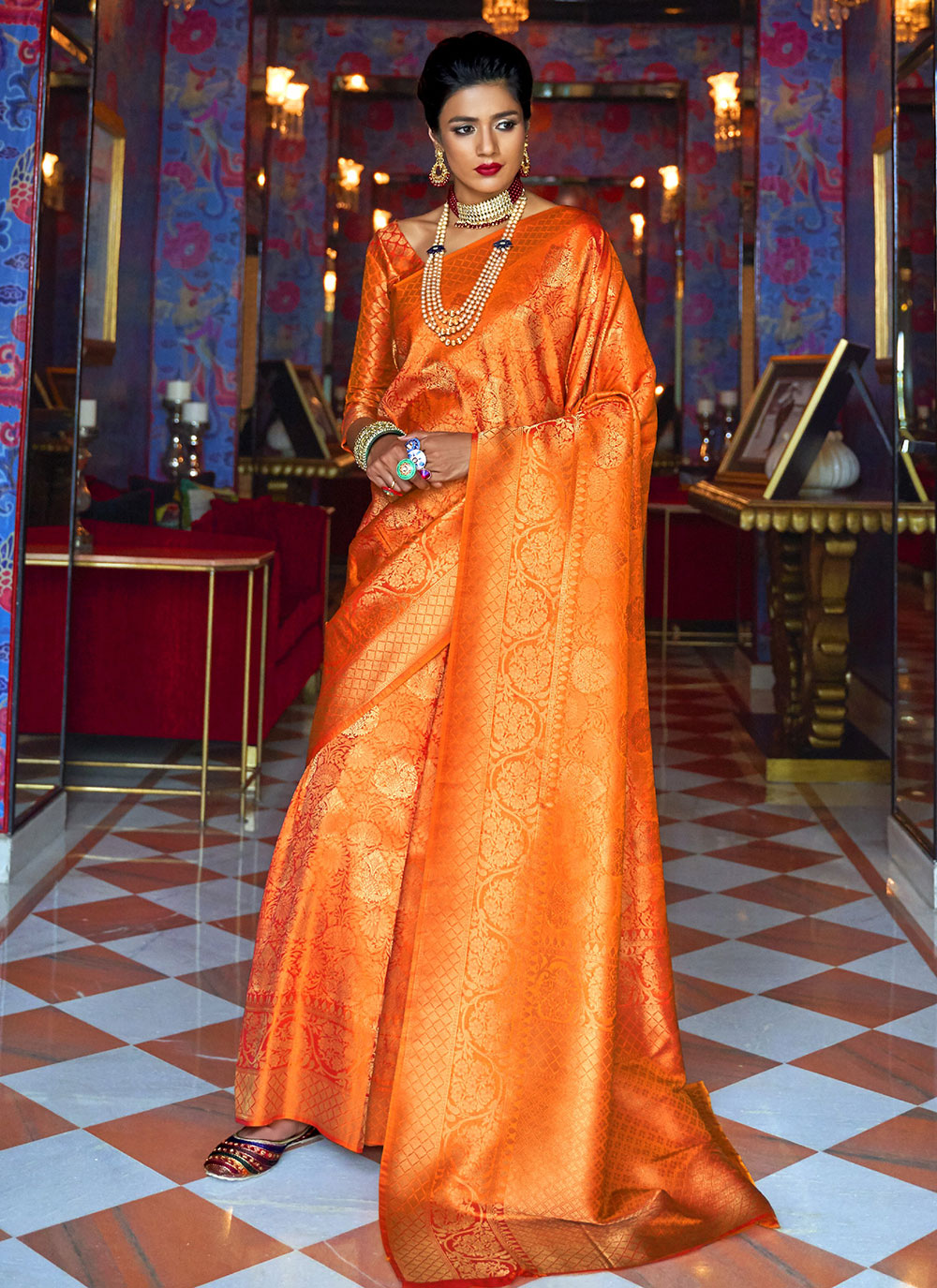 Party Wear Orange Traditional Saree