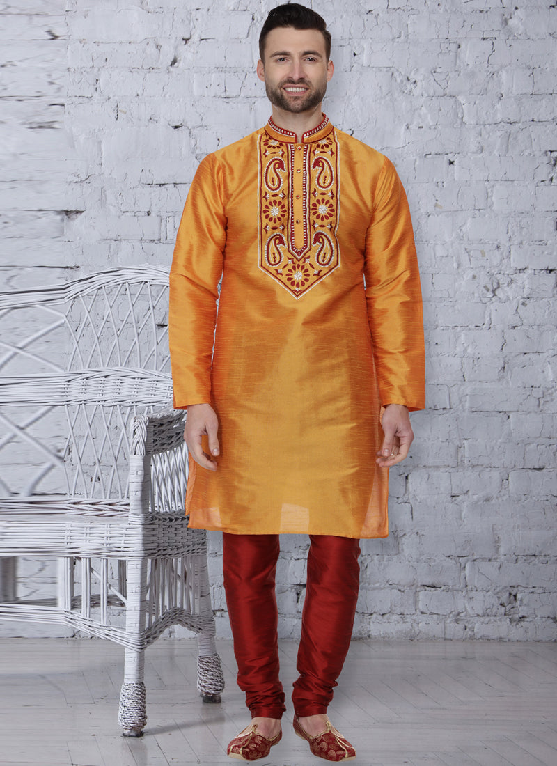 Orange Dupion Silk Ceremonial Kurta Pajama