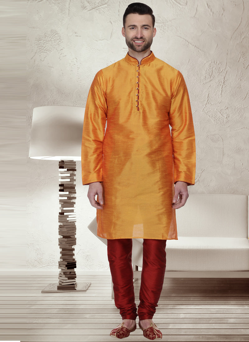 Dupion Silk Orange Kurta Pajama
