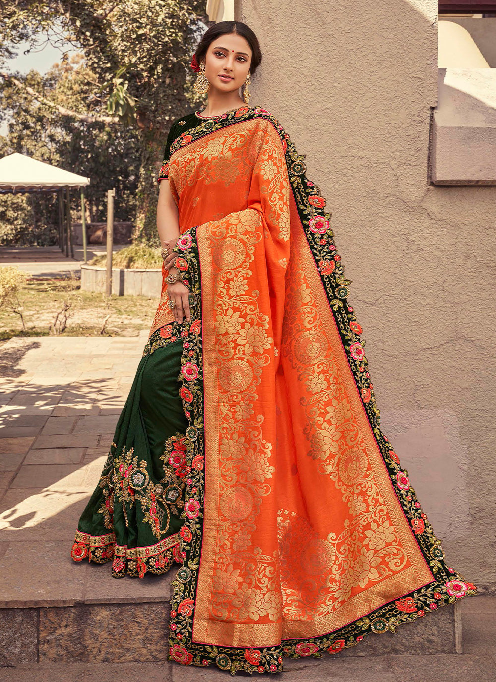 Green and Orange Silk Designer Saree