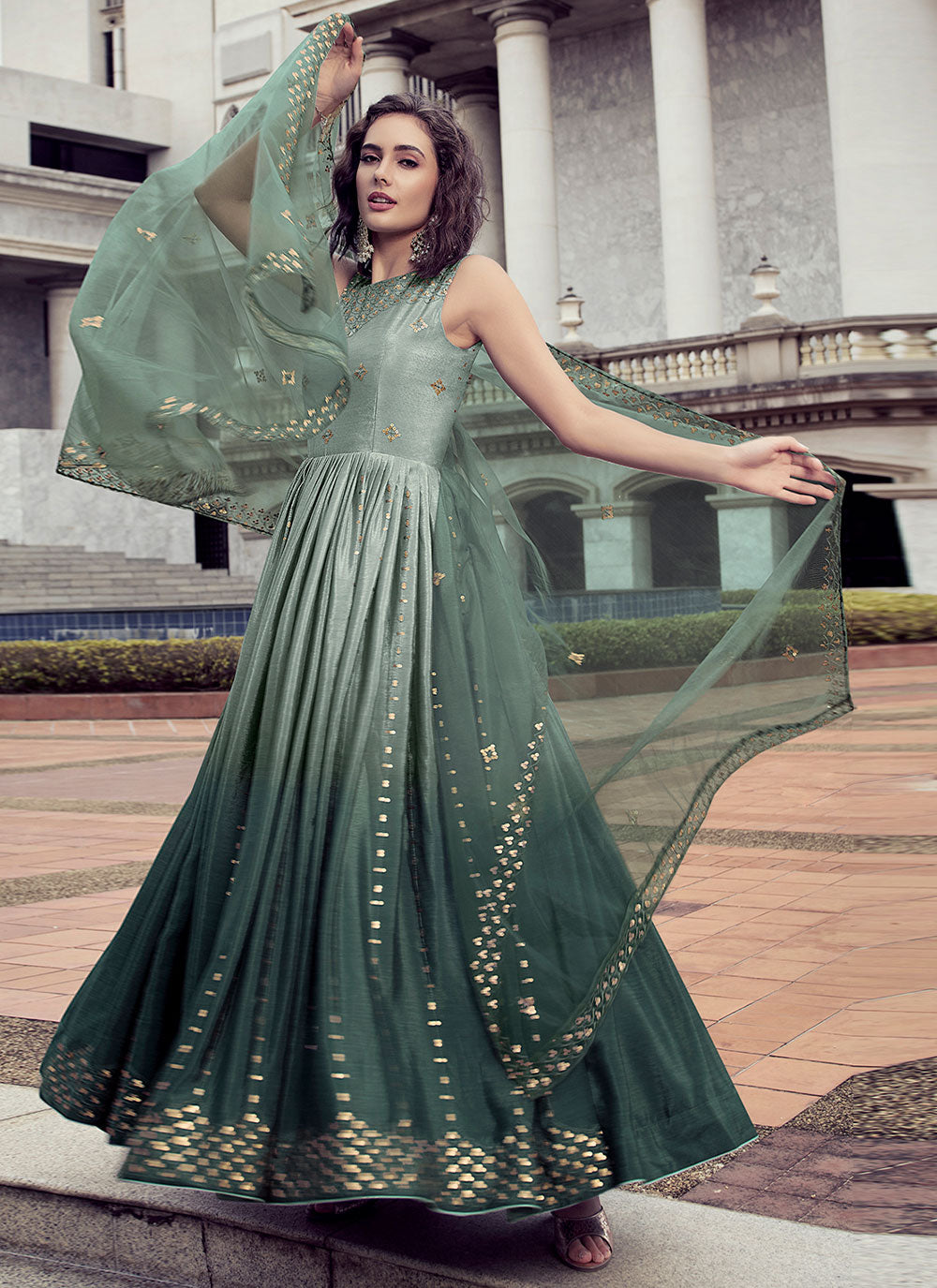 Green Sequins Chinon Embroidered Gown