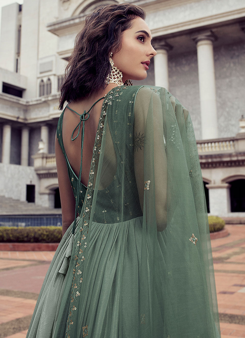 Green Sequins Chinon Embroidered Gown