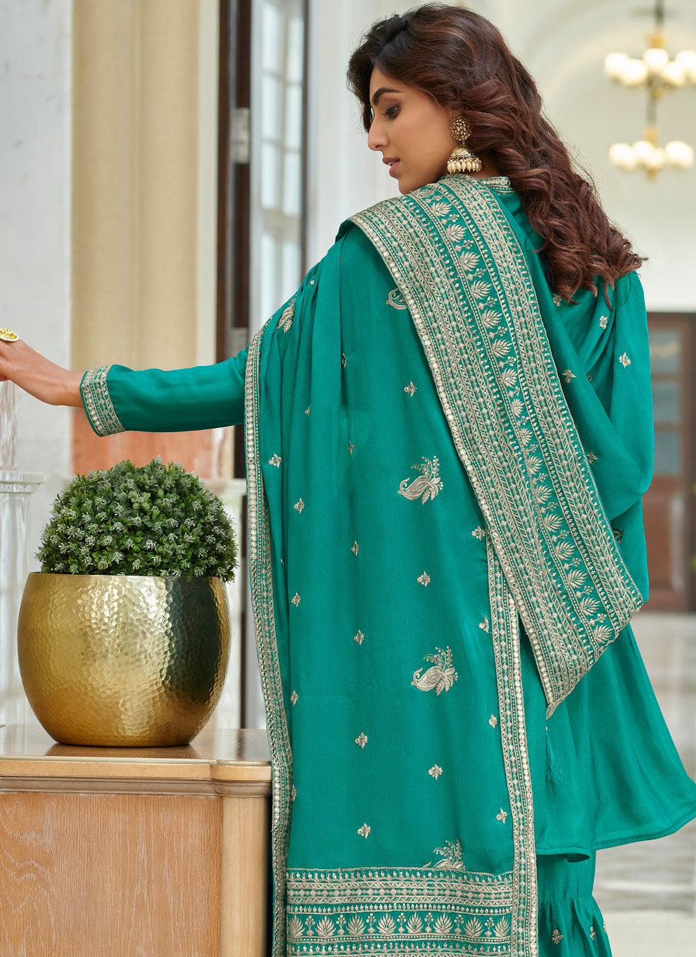 Chinon Embroidered Salwar Kameez in Turquoise Color