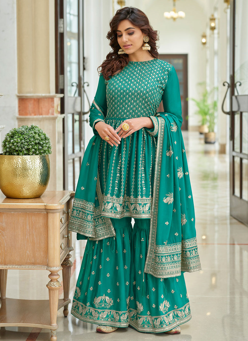 Chinon Embroidered Salwar Kameez in Turquoise Color