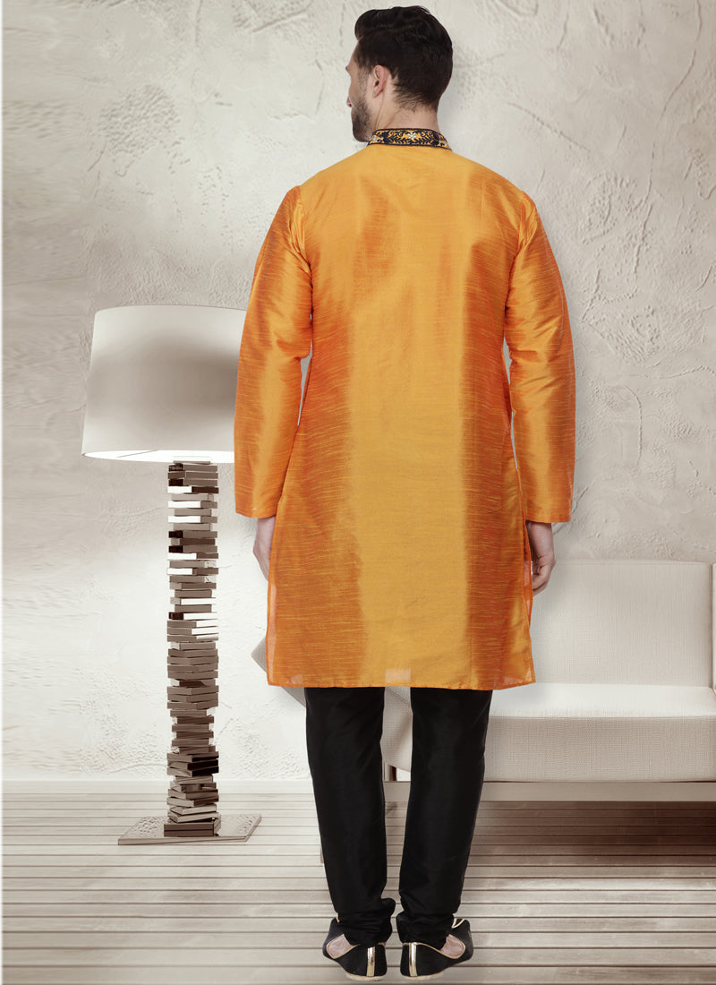 Dupion Silk Orange Kurta Pajama For Festival
