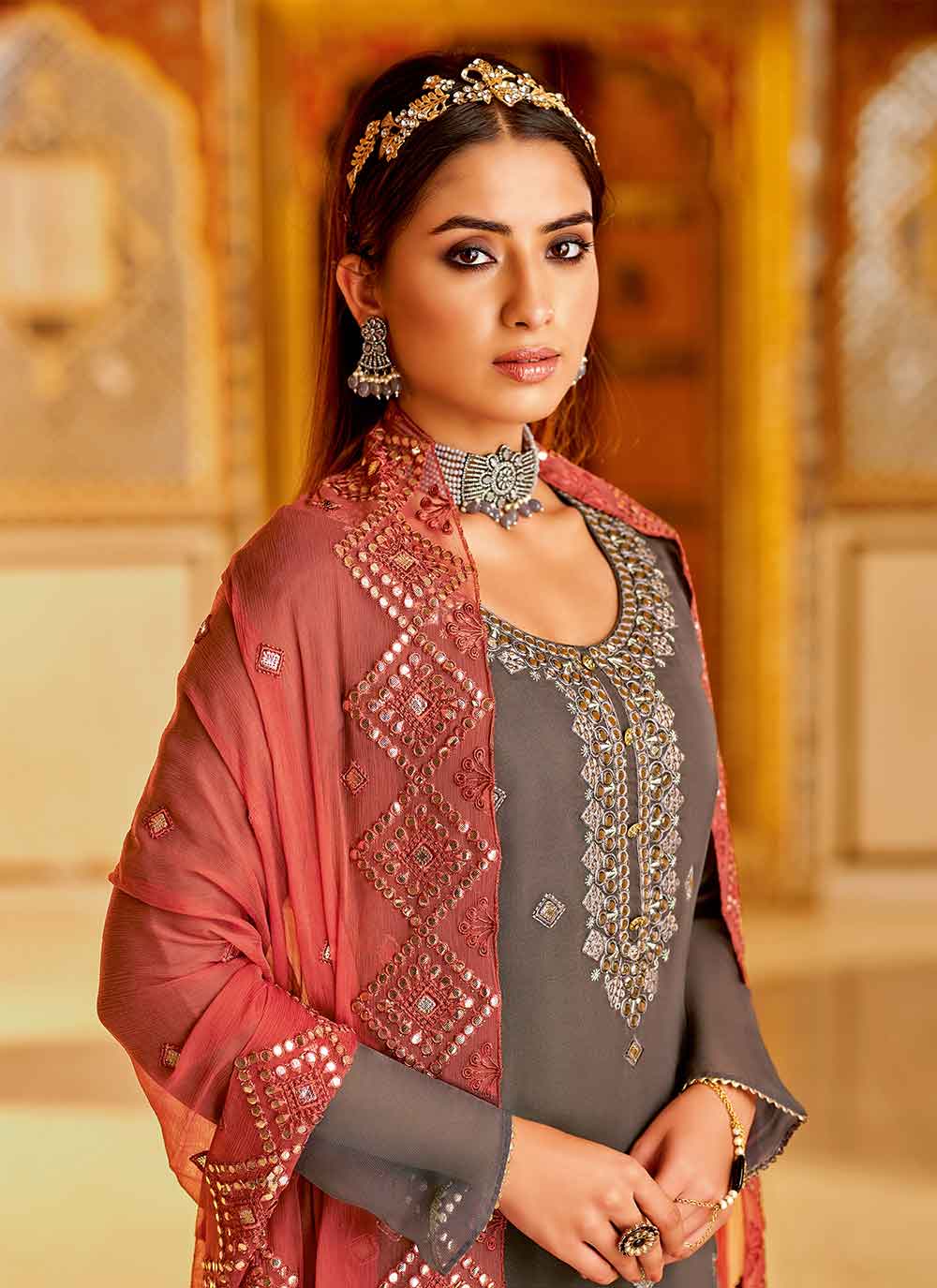 Designer Readymade Grey Embroidered Palazzo Suit