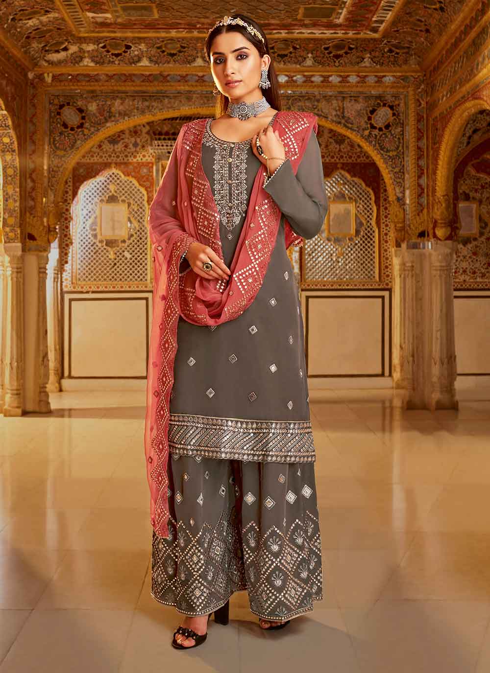 Designer Readymade Grey Embroidered Palazzo Suit